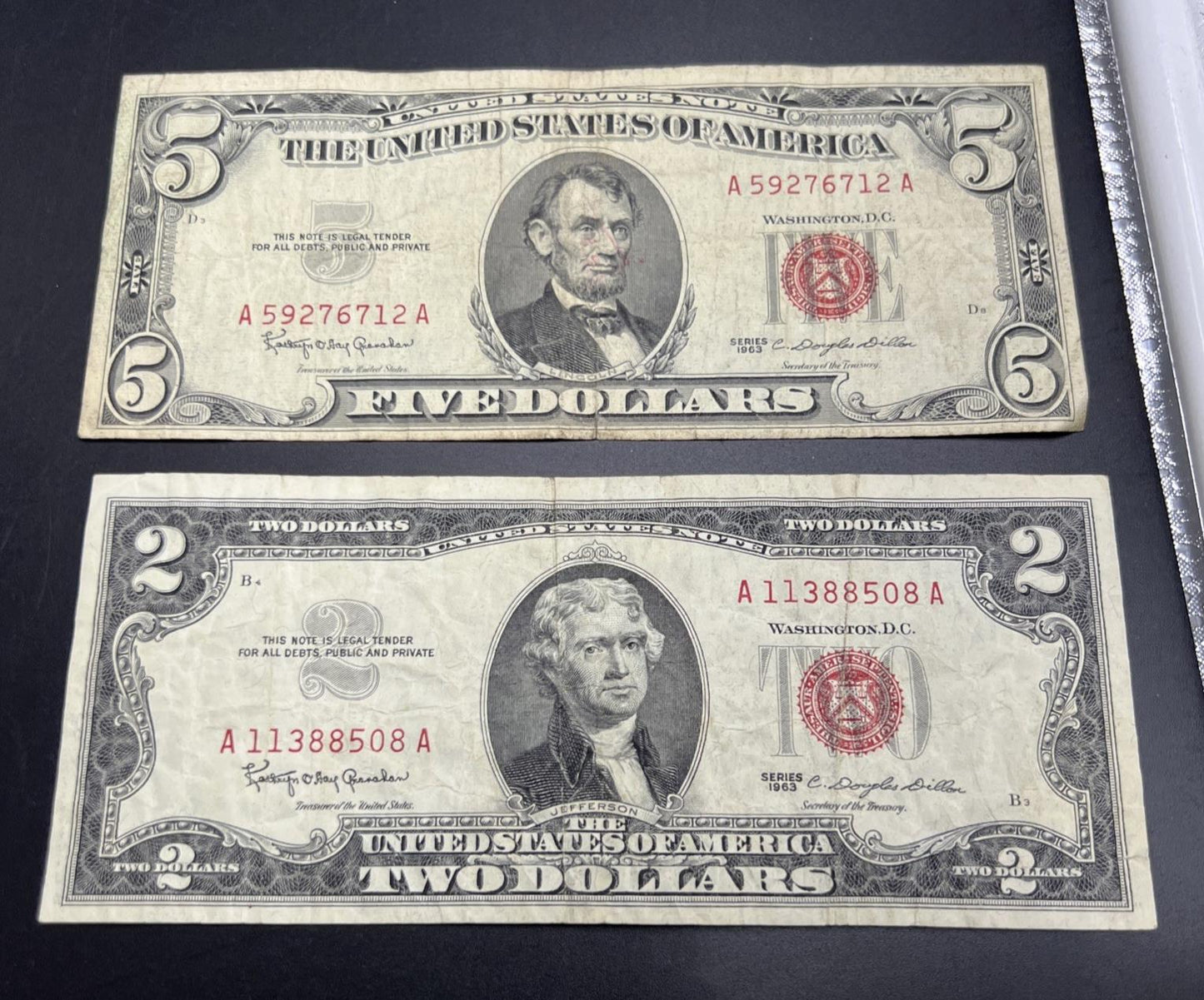 2 Note United States Legal Tender Red Seal Set 1963 $2 & $5 Bills VG Circ #508