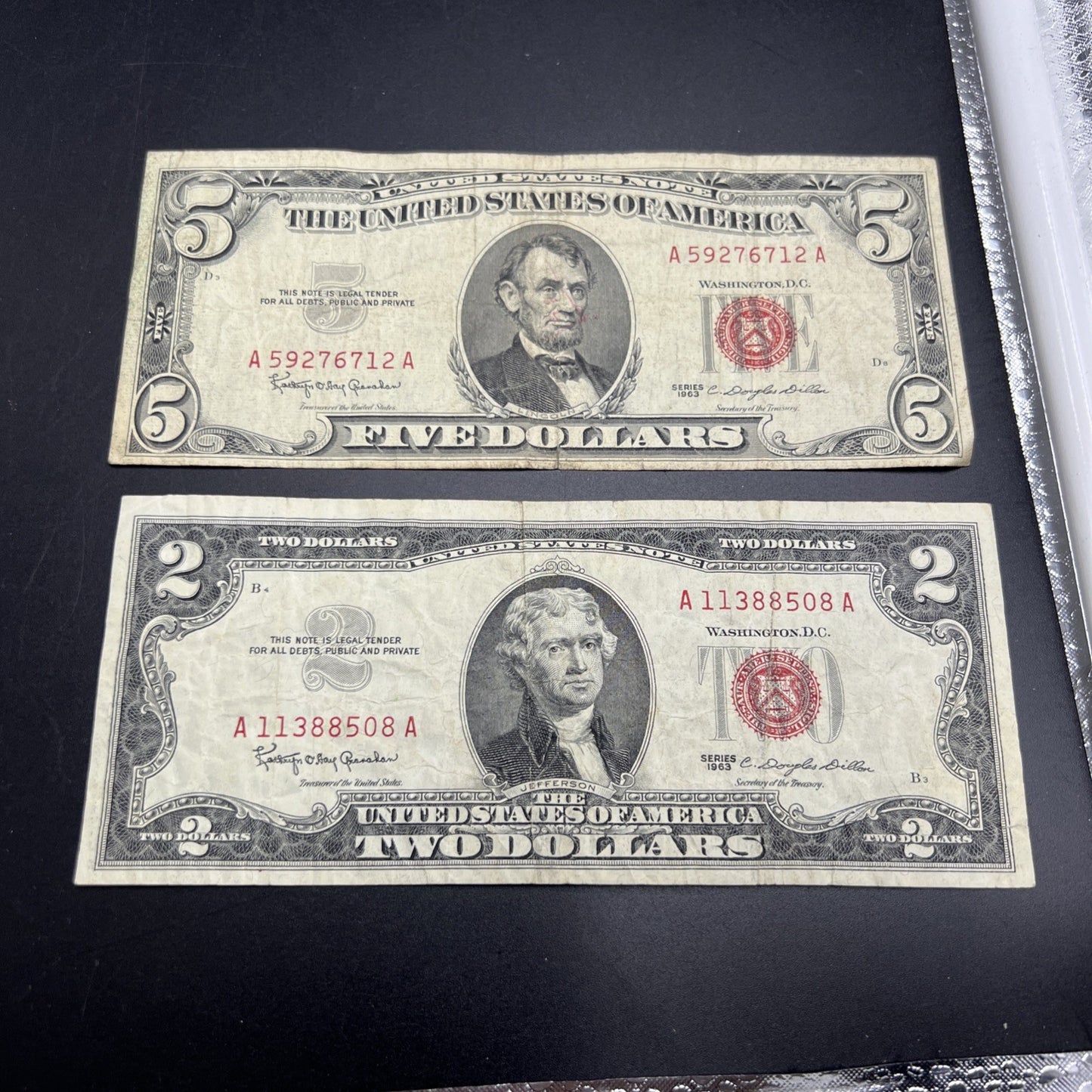 2 Note United States Legal Tender Red Seal Set 1963 $2 & $5 Bills VG Circ #508