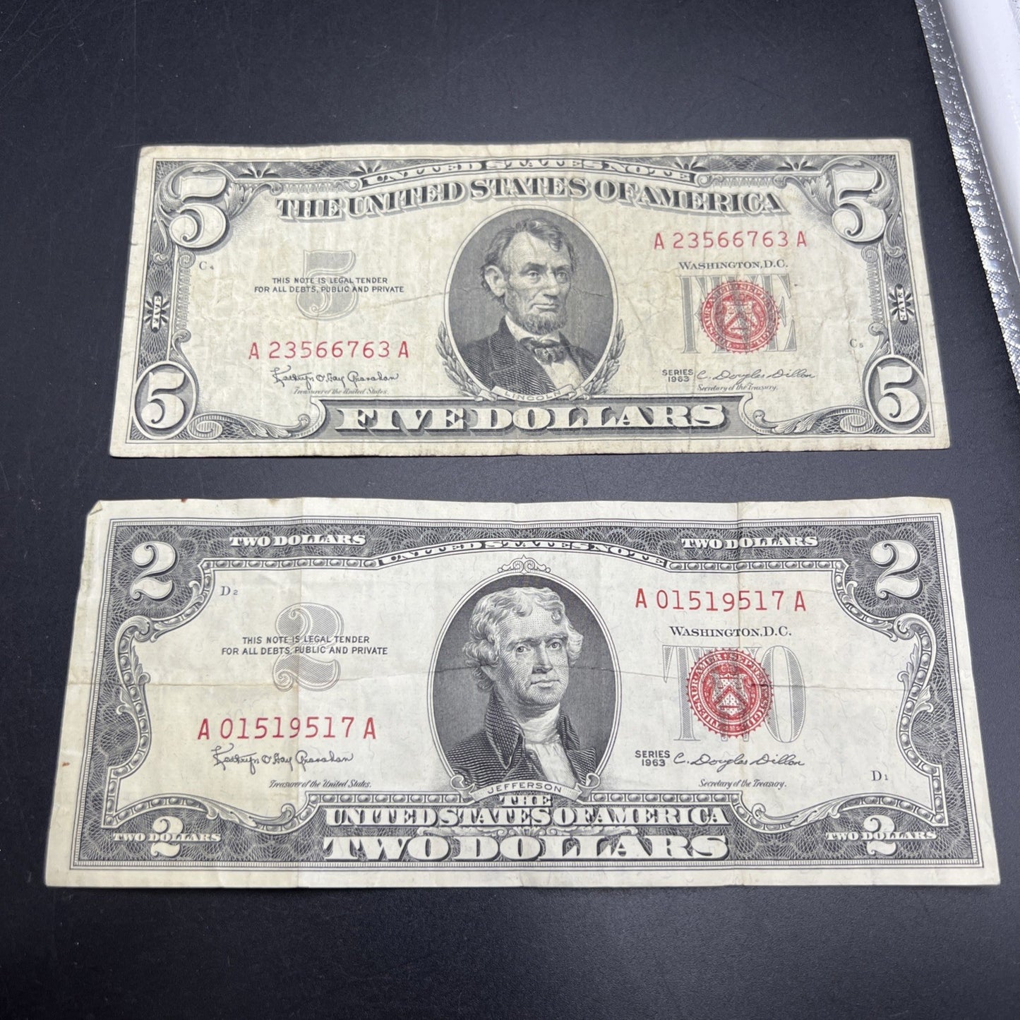 2 Note United States Legal Tender Red Seal Set 1963 $2 & $5 Bills VG Circ #517
