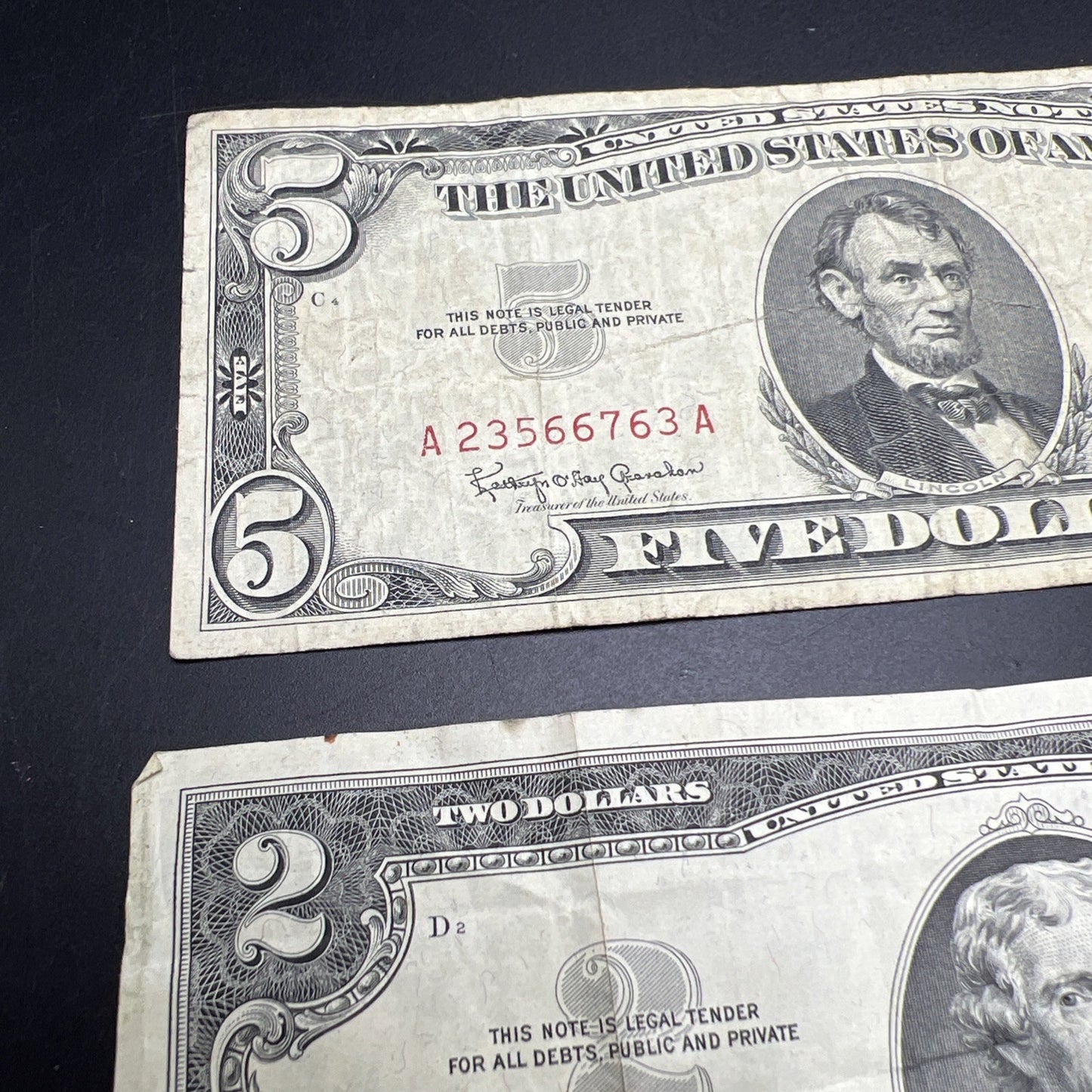 2 Note United States Legal Tender Red Seal Set 1963 $2 & $5 Bills VG Circ #517