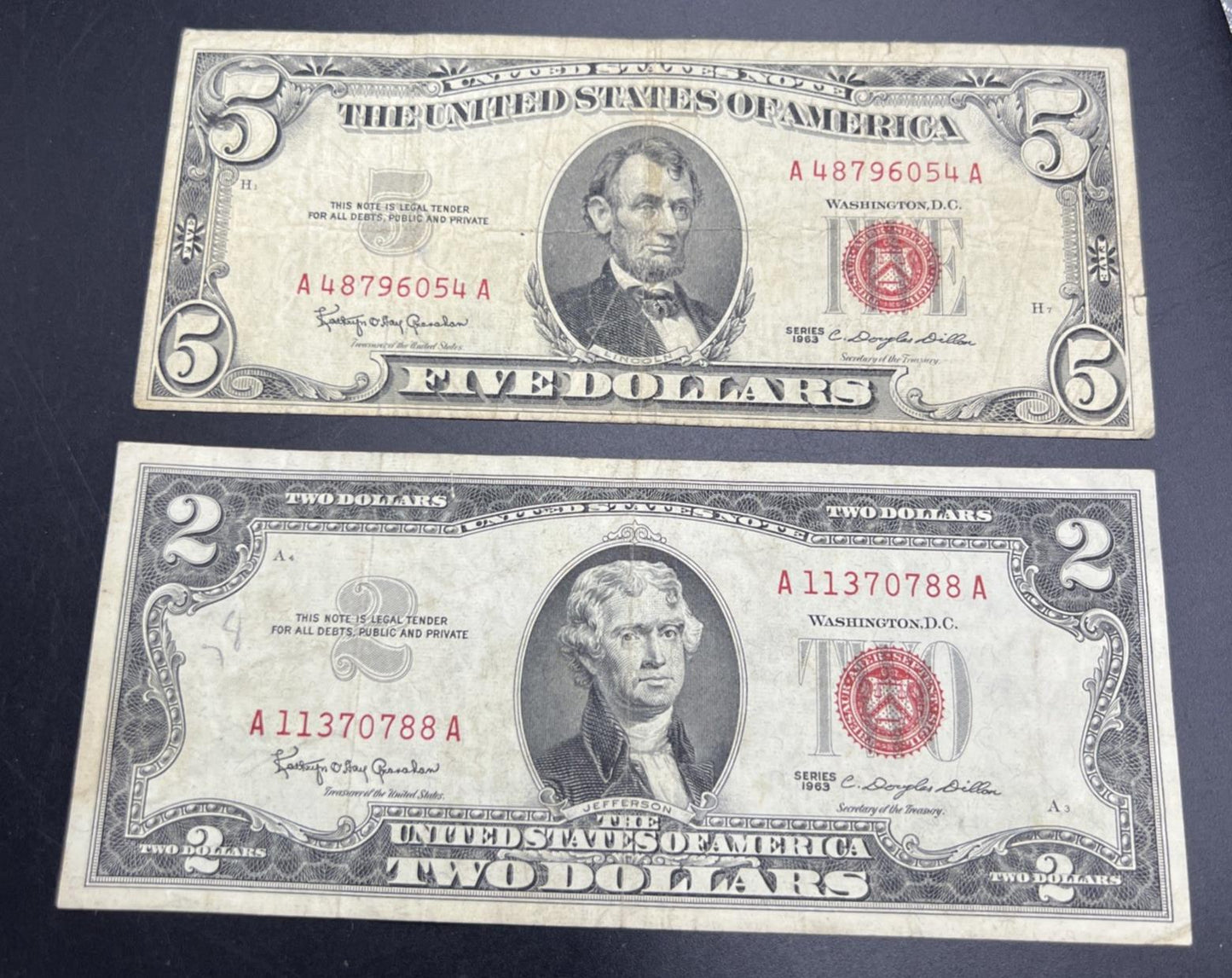 2 Note United States Legal Tender Red Seal Set 1963 $2 & $5 Bills VG+ Circ #788