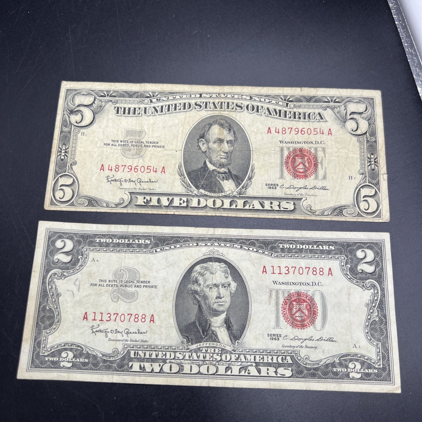 2 Note United States Legal Tender Red Seal Set 1963 $2 & $5 Bills VG+ Circ #788
