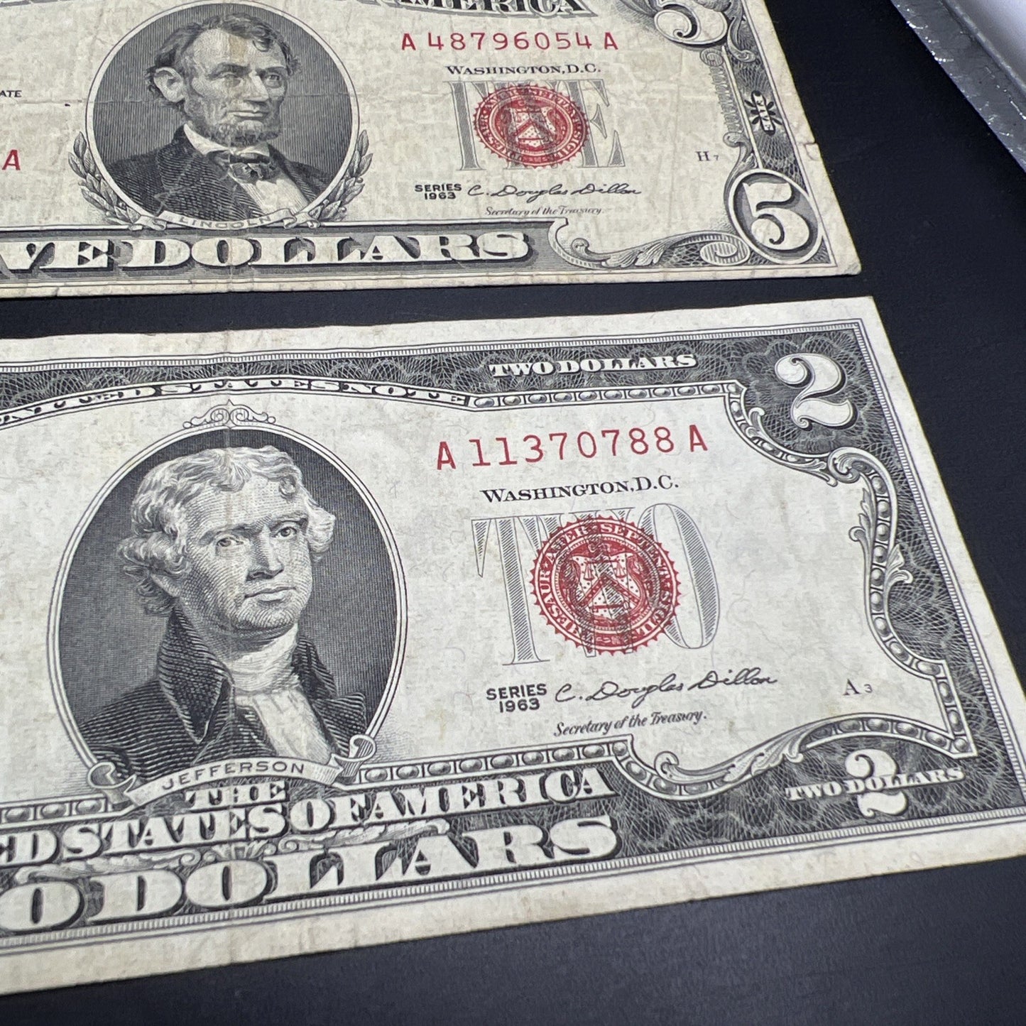 2 Note United States Legal Tender Red Seal Set 1963 $2 & $5 Bills VG+ Circ #788