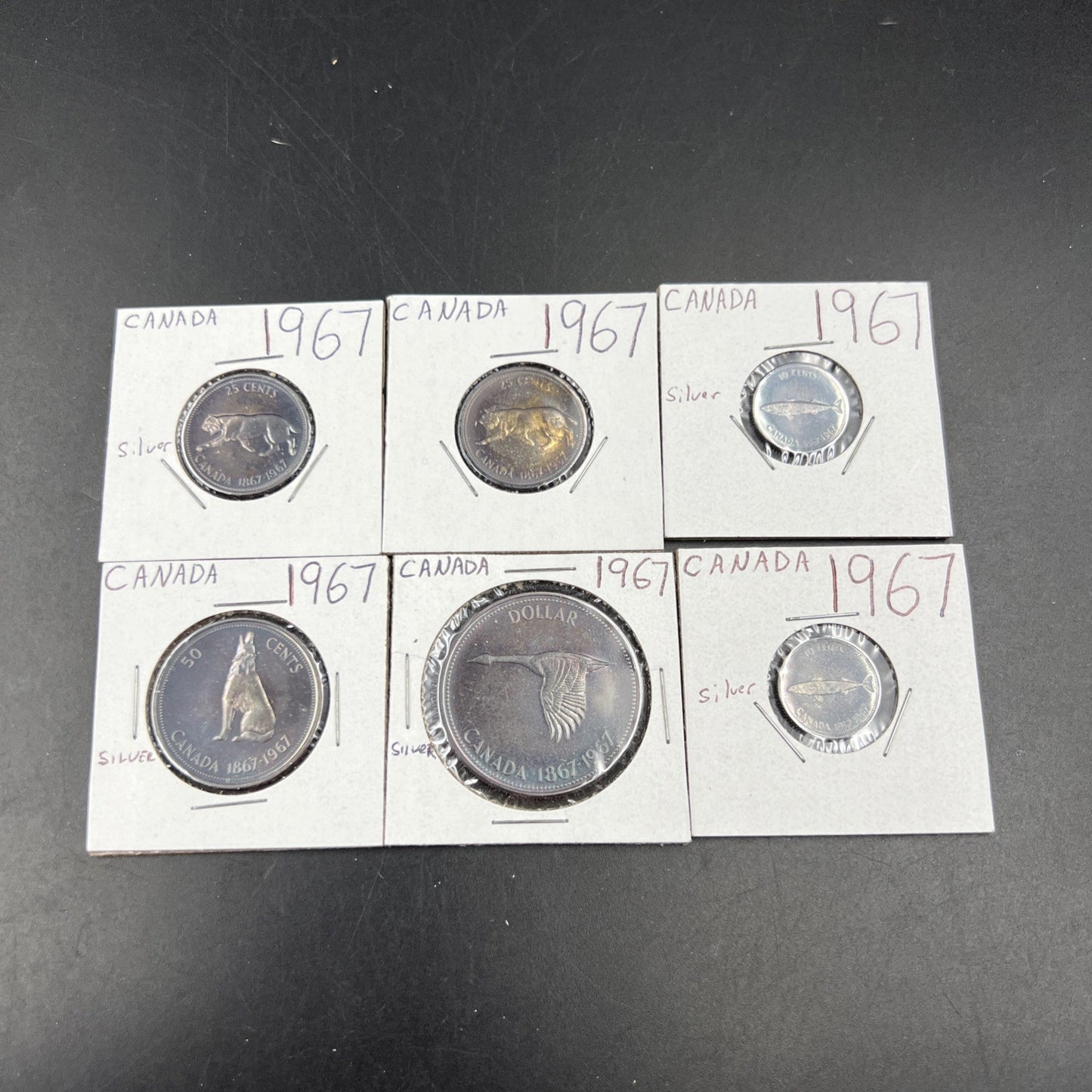 Lot of 6 1967 Canada Silver Coins Nice Toning $1 50c, 2 25c & 2 10c Coins #A