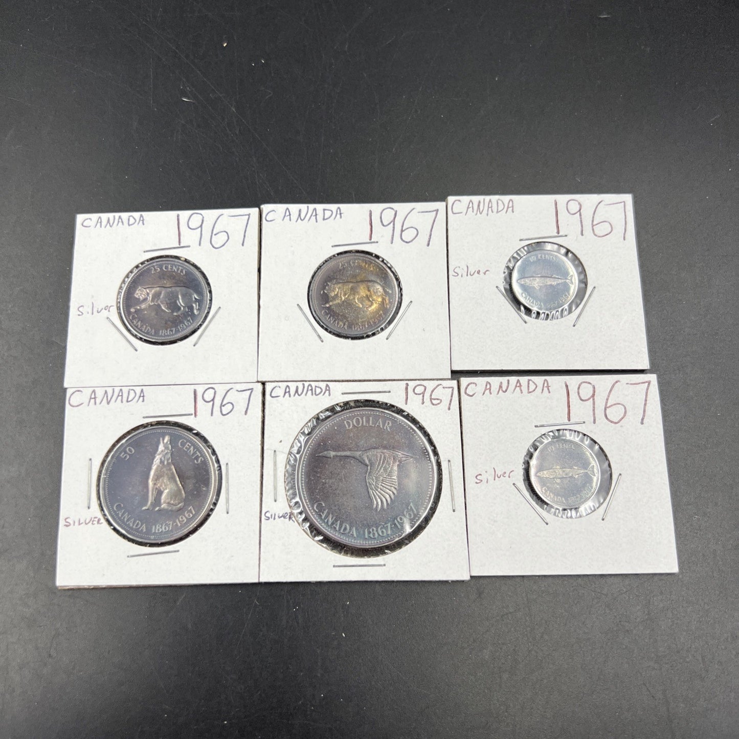 Lot of 6 1967 Canada Silver Coins Nice Toning $1 50c, 2 25c & 2 10c Coins #A