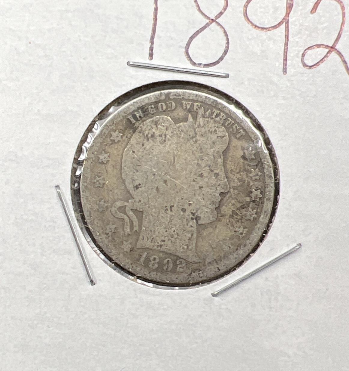 1892 P 25c Barber Silver Quarter Coin Very Circulated SKU#M