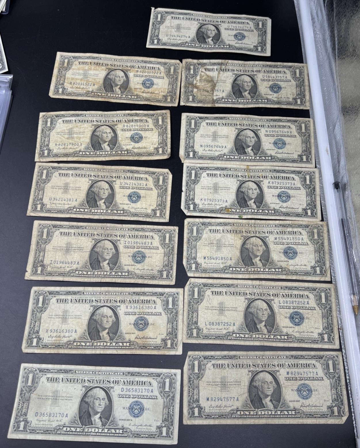 Lot of 13 $1 One Dollar 1957 Blue Seal Silver Certificate Notes Very Circ #170