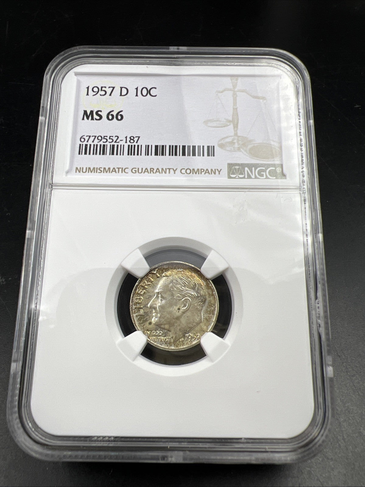 1957 D 10c Roosevelt Silver Dime Coin MS66 NGC Gem BU Certified #187 Neat Toning