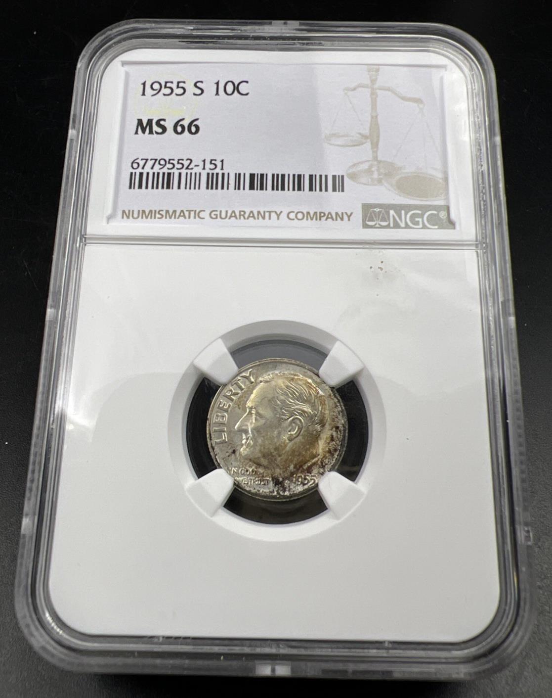 1955 S 10c Roosevelt Silver Dime Coin MS66 NGC Gem BU Certified #151 Nice Toning