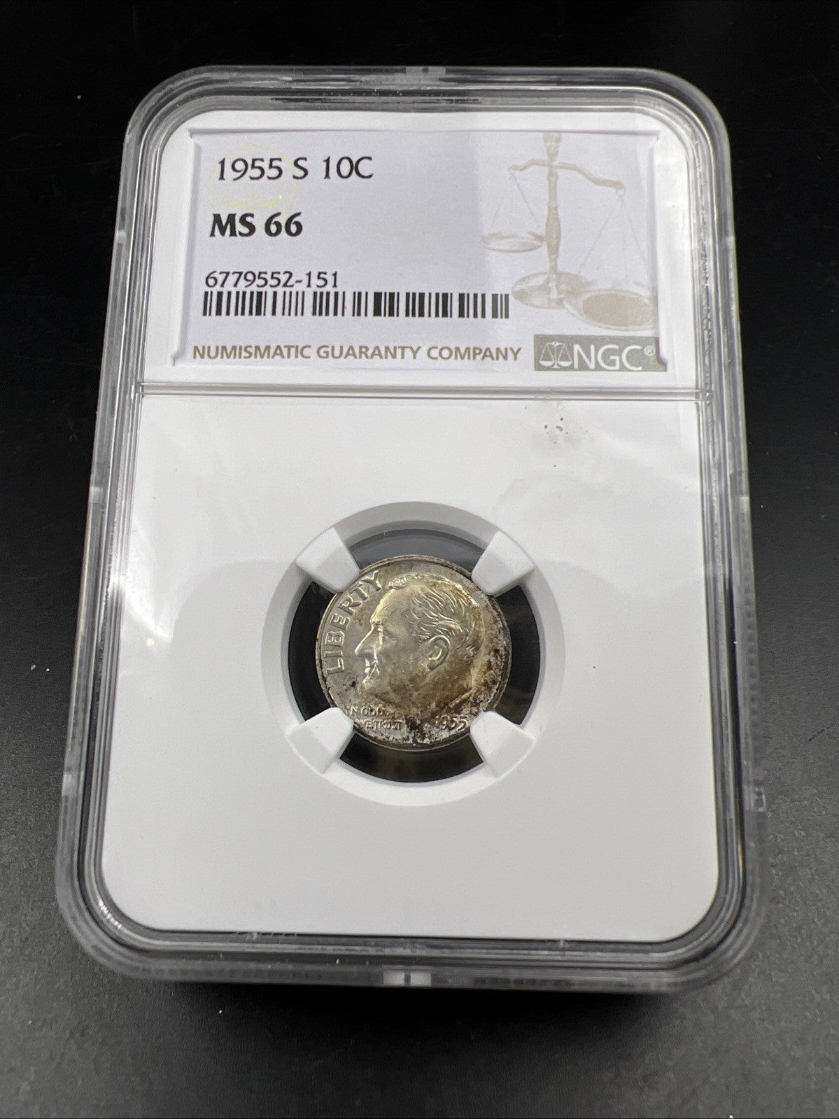 1955 S 10c Roosevelt Silver Dime Coin MS66 NGC Gem BU Certified #151 Nice Toning