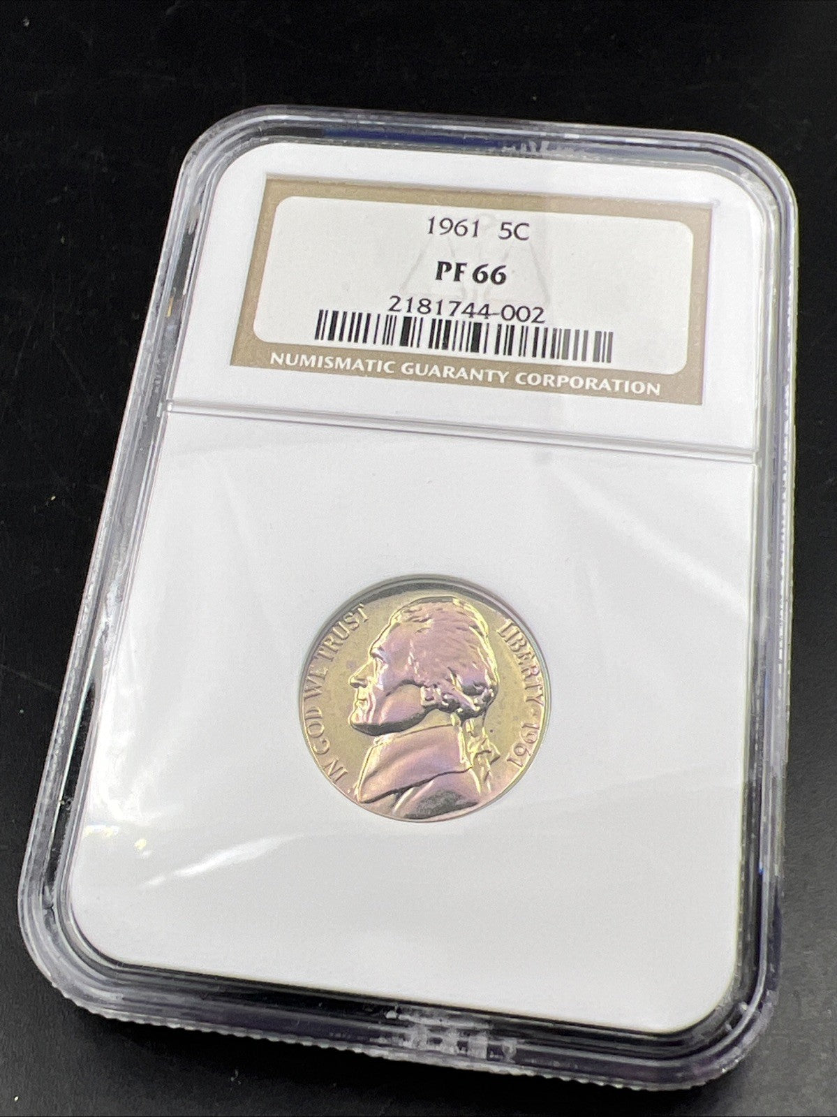 1961 5c Jefferson Nickel NGC PF66 GEM Proof Neat Purple Toning Toner