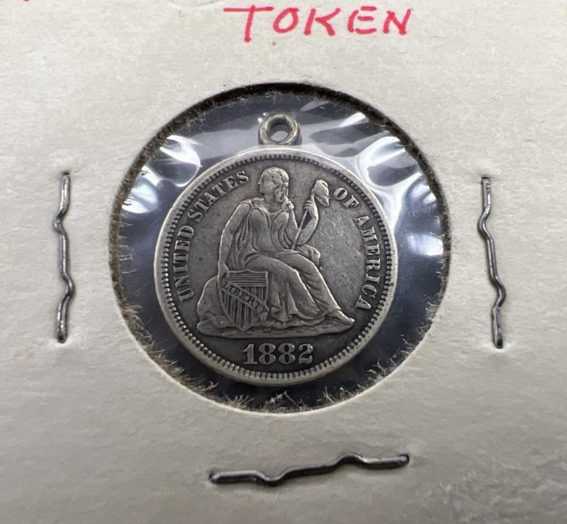 HJI Monogram Initials Love Token on 1882 10c Liberty Silver Dime Seated CH Circ
