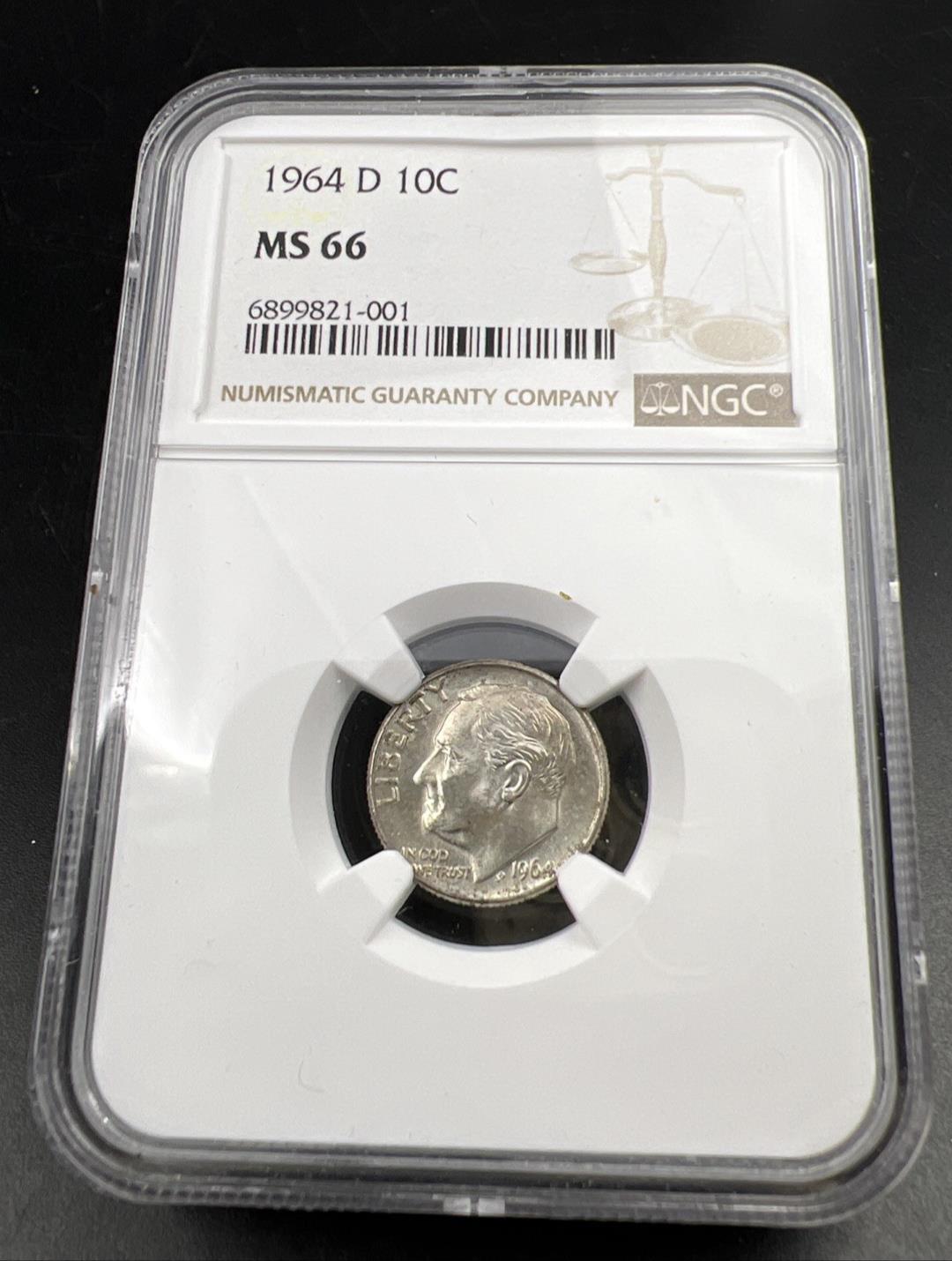 1964 D 10c Roosevelt Silver Dime Coin MS66 NGC Gem BU Certified #001 Some Toning
