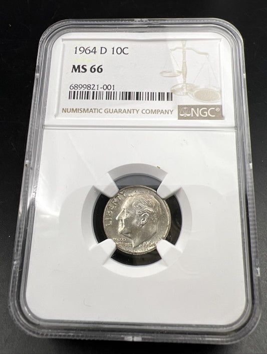 1964 D 10c Roosevelt Silver Dime Coin MS66 NGC Gem BU Certified #001 Some Toning