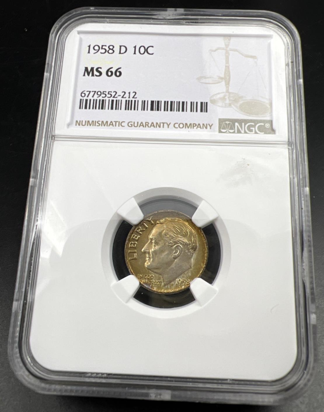1958 D 10c Roosevelt Silver Dime Coin MS66 NGC Gem BU Certified #212 Neat Toning