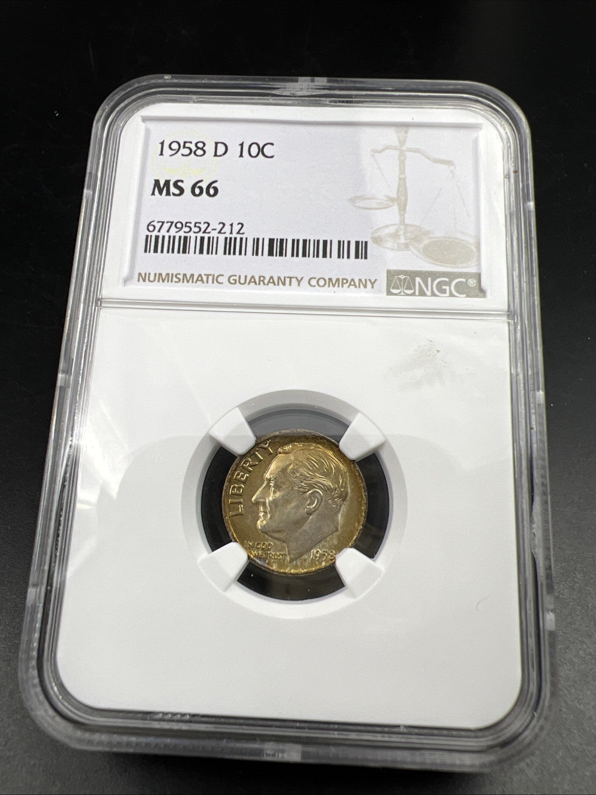 1958 D 10c Roosevelt Silver Dime Coin MS66 NGC Gem BU Certified #212 Neat Toning