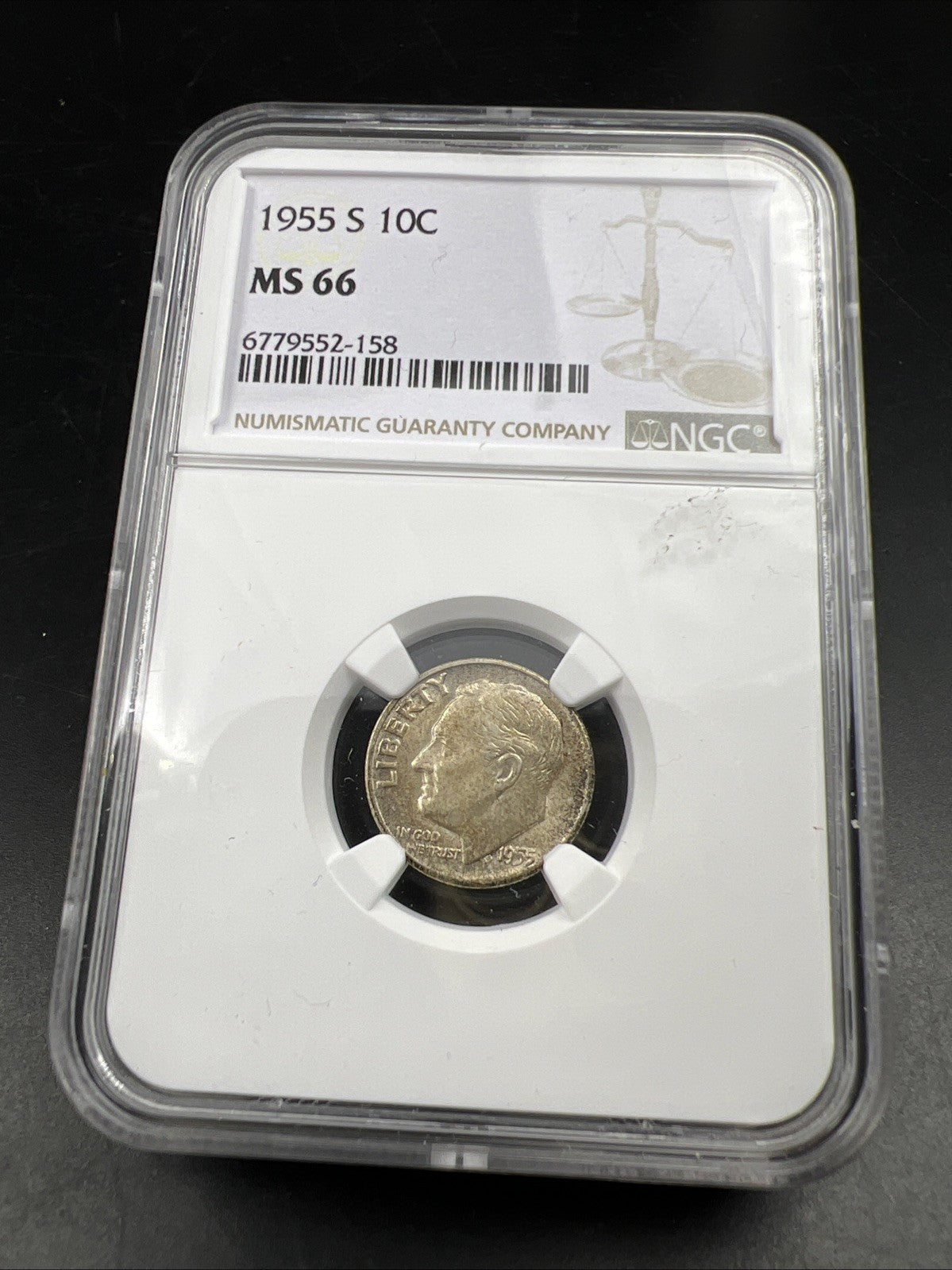 1955 S 10c Roosevelt Silver Dime Coin MS66 NGC Gem BU Certified #158 Neat Toning
