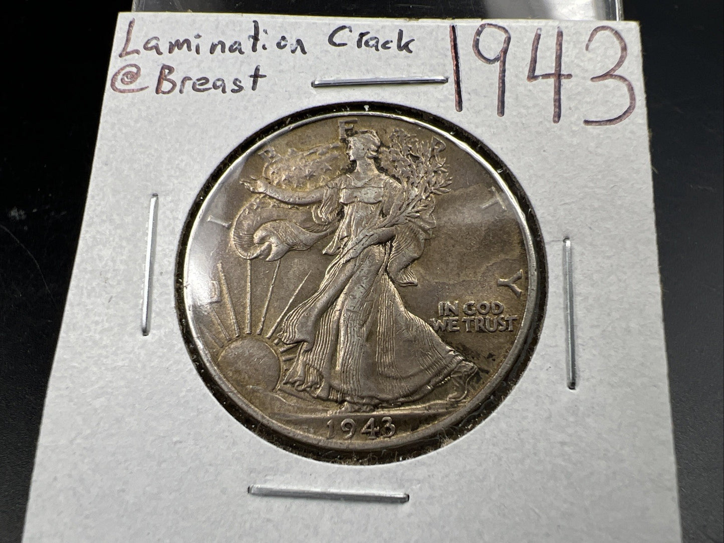 1943 P 50c Walking Liberty 50c Half Dollar Laminated Obverse Error XF EF