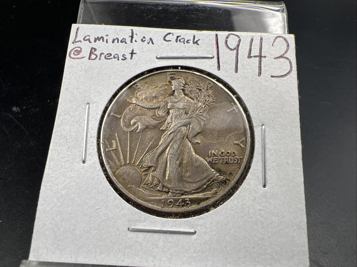 1943 P 50c Walking Liberty 50c Half Dollar Laminated Obverse Error XF EF