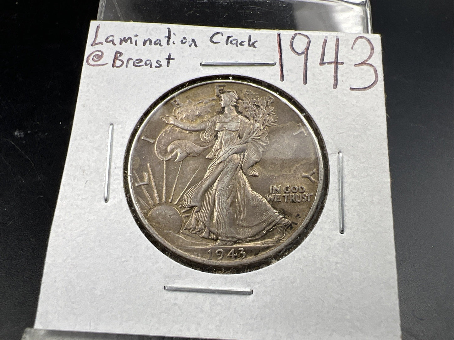 1943 P 50c Walking Liberty 50c Half Dollar Laminated Obverse Error XF EF
