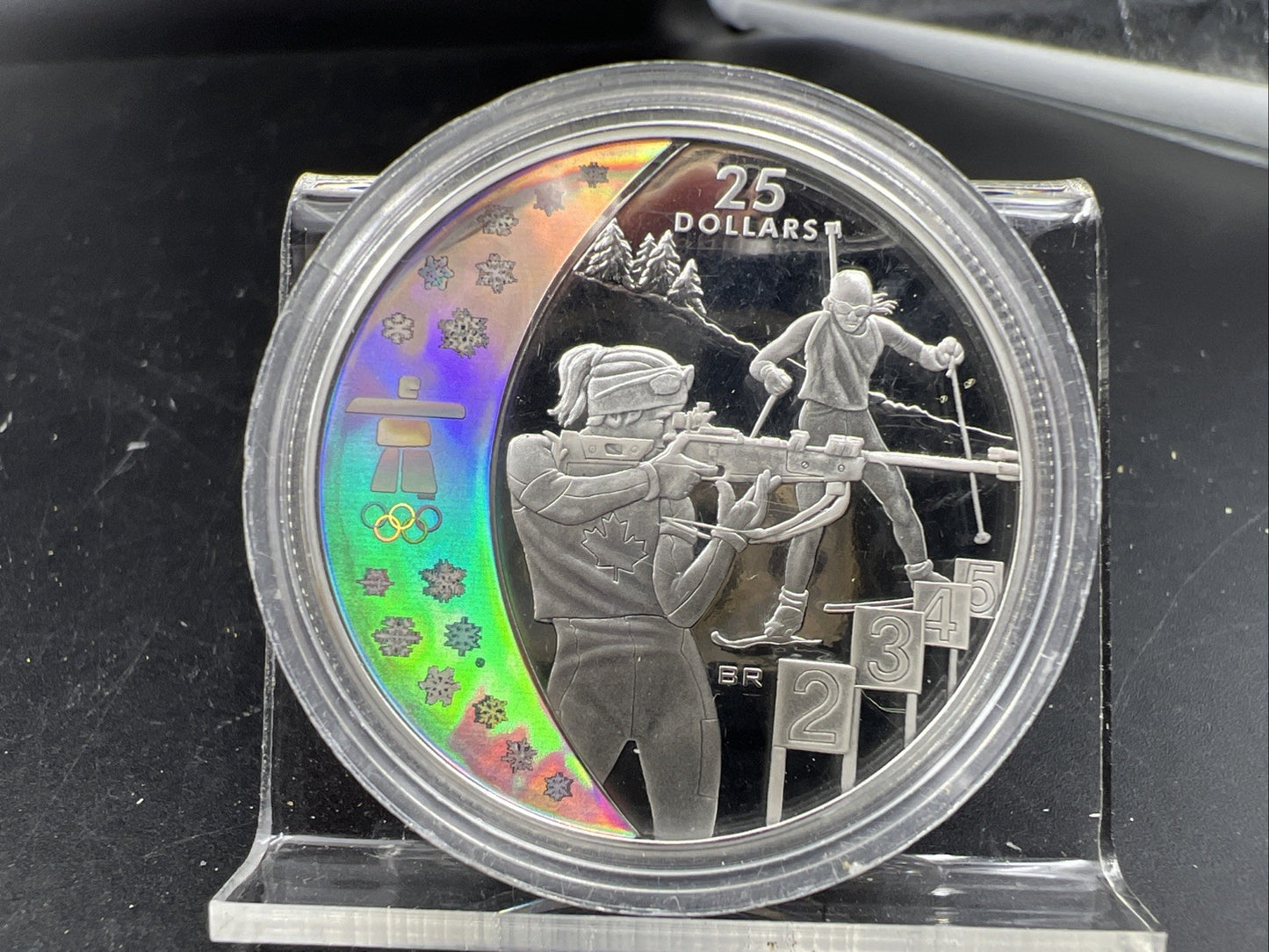 2007 2010 Vancouver Olympics Silver $25 Holographic Biathlon Proof Coin
