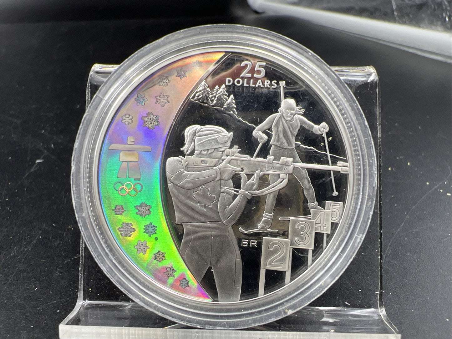 2007 2010 Vancouver Olympics Silver $25 Holographic Biathlon Proof Coin