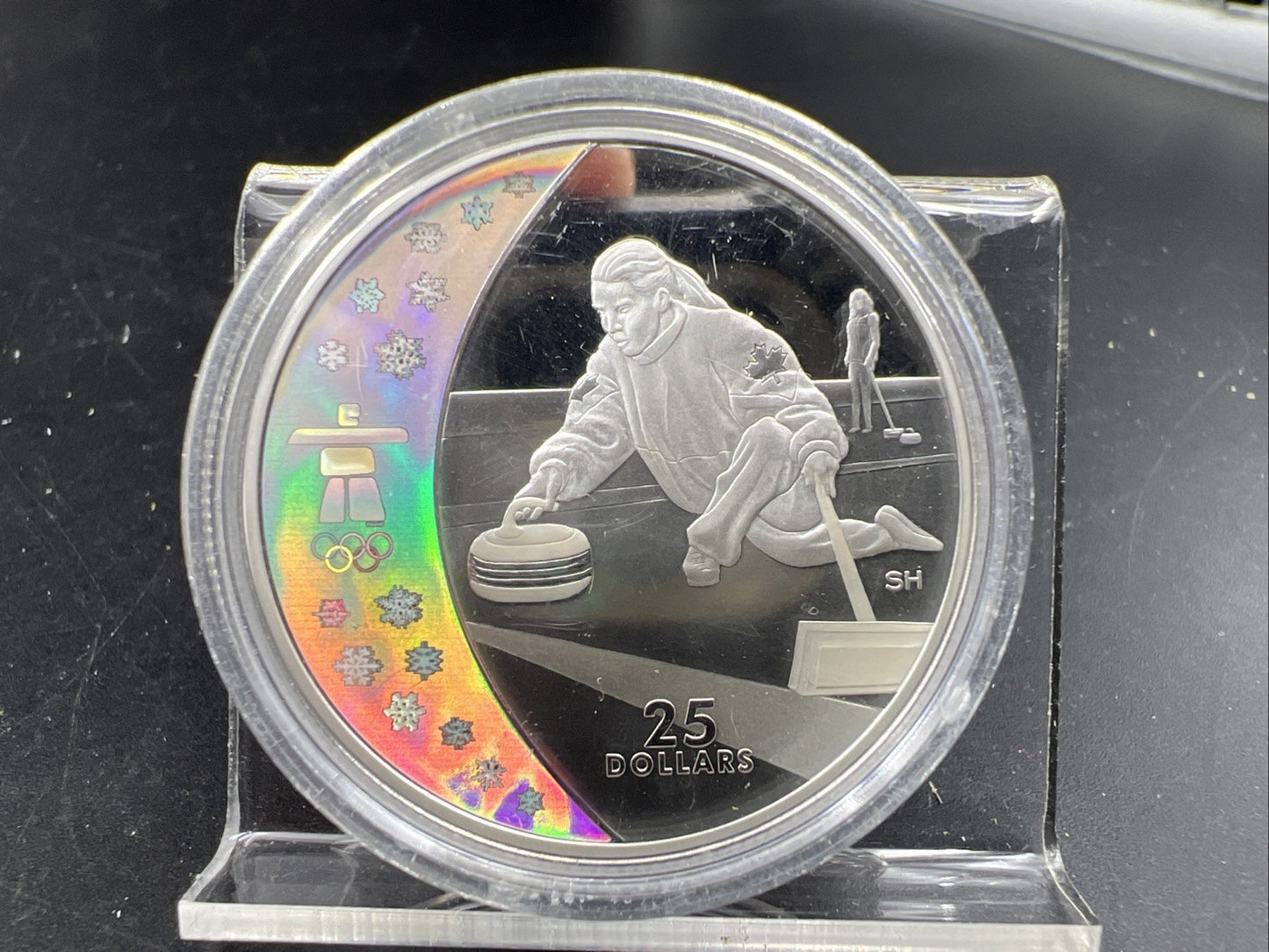 2007 2010 Vancouver Olympics Silver $25 Holographic Curling Proof Coin