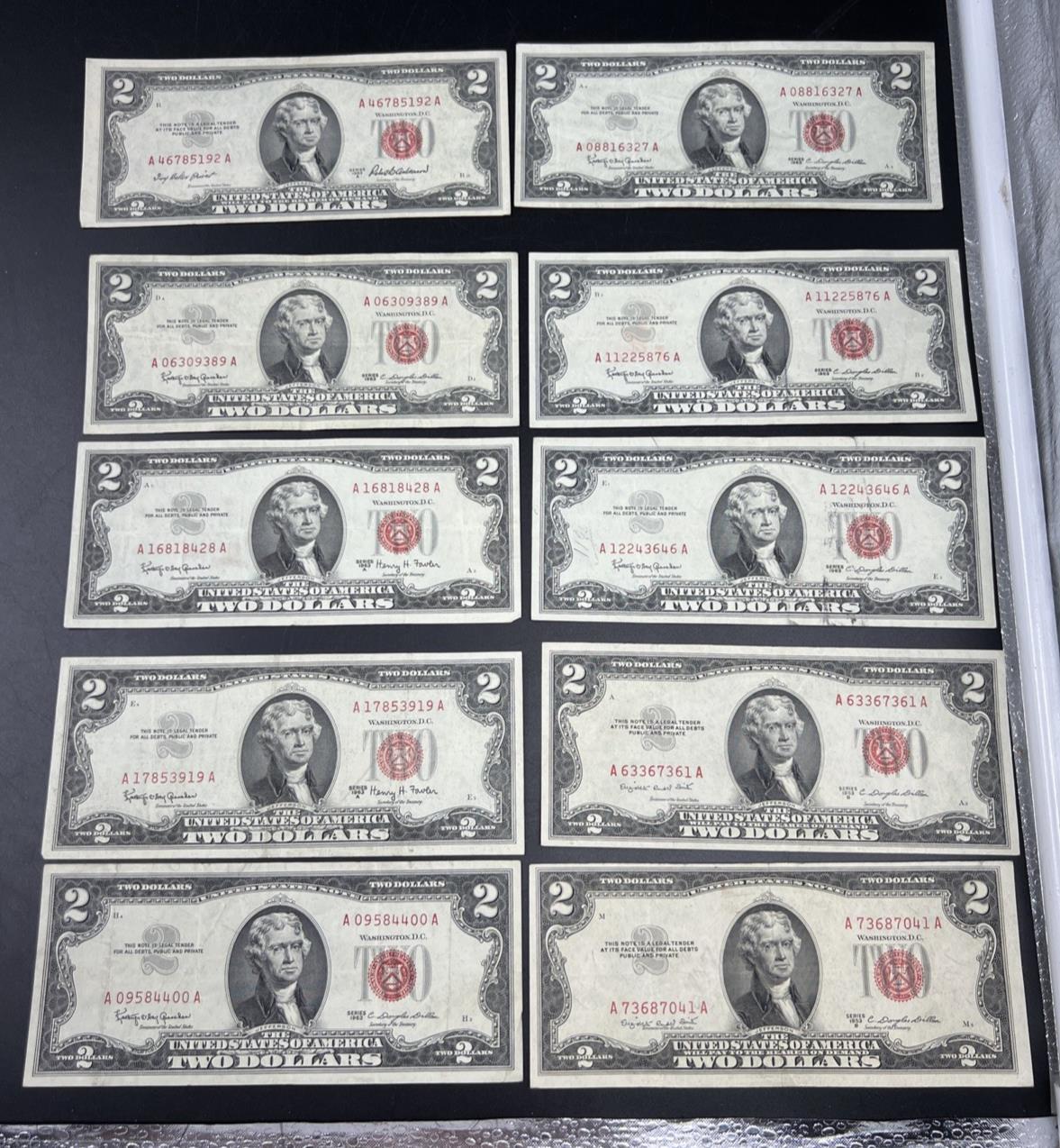 Lot of 10 1963 1953 $2 USN Legal Tender Red Seal Notes VF Very Fine #400
