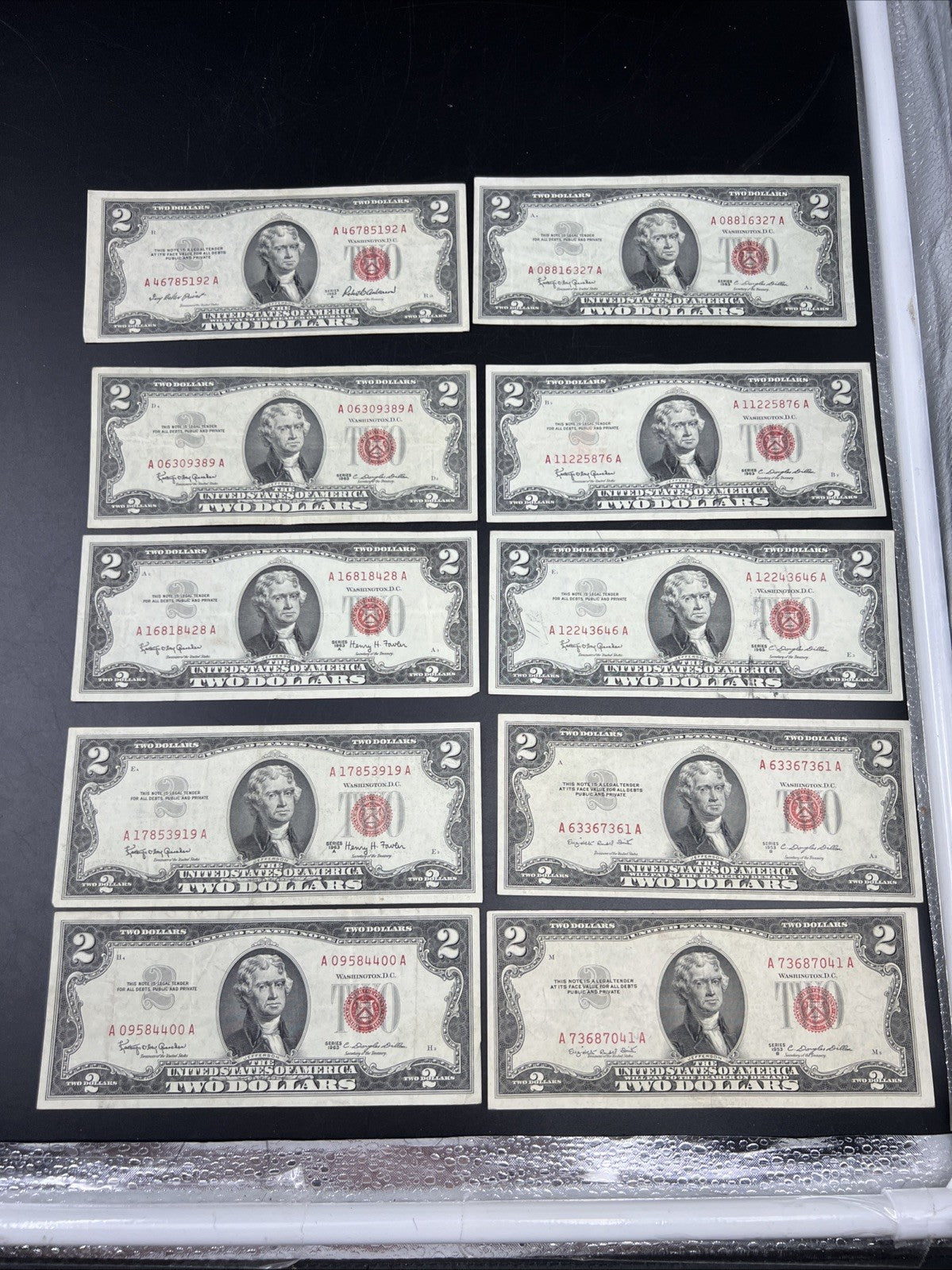 Lot of 10 1963 1953 $2 USN Legal Tender Red Seal Notes VF Very Fine #400