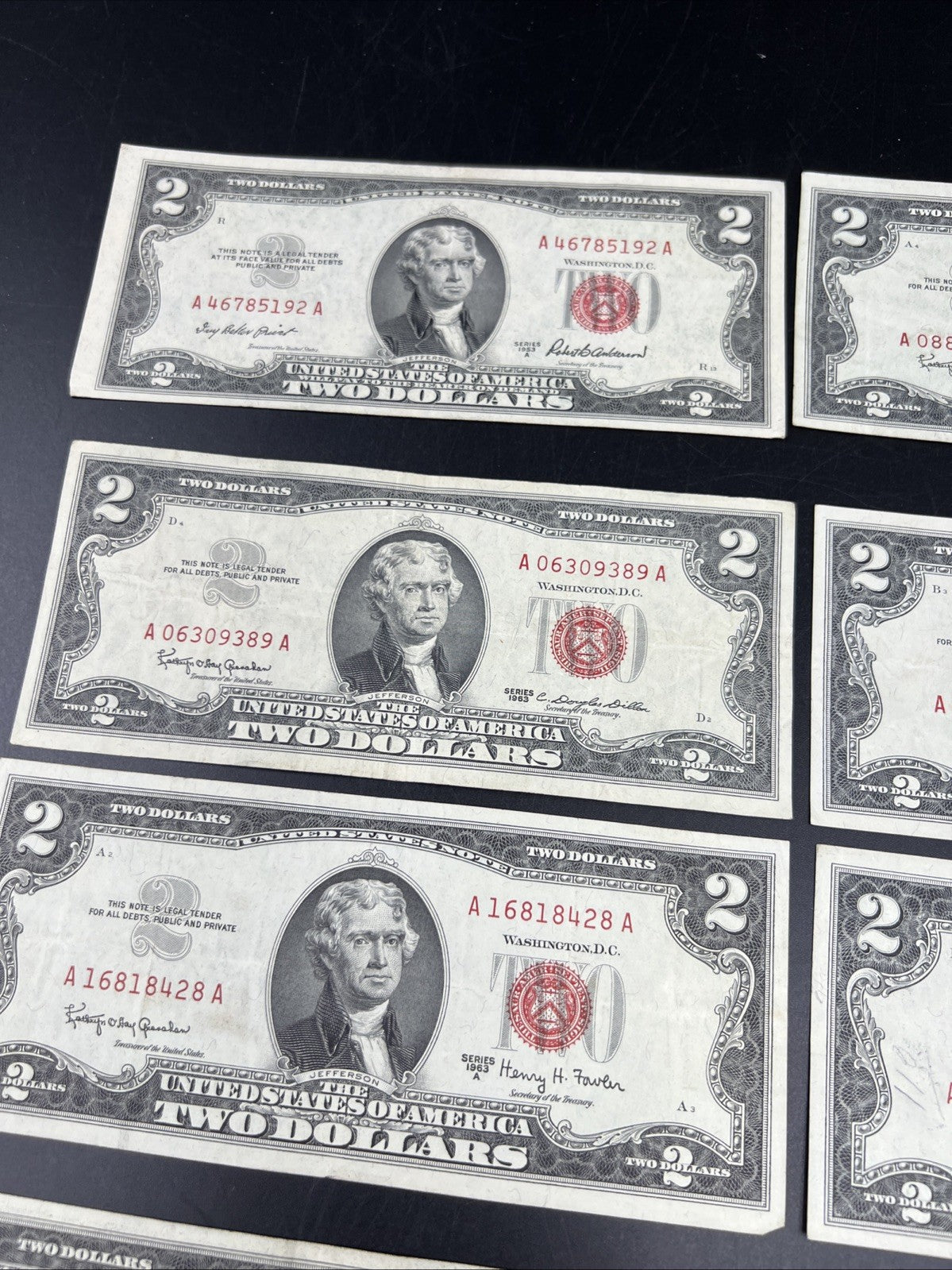 Lot of 10 1963 1953 $2 USN Legal Tender Red Seal Notes VF Very Fine #400
