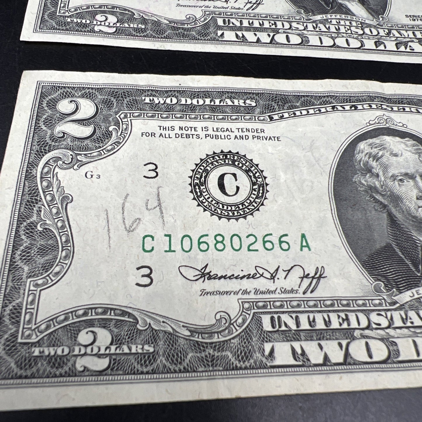 2 Note Lot Double Stamped Trenton NJ $2 CU & Circ 1976 Bicentennial $2 FRN