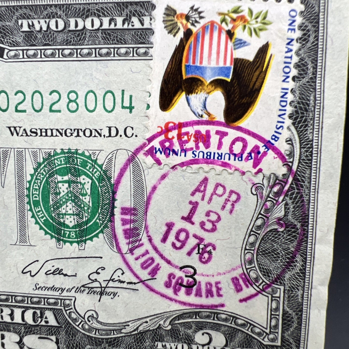 2 Note Lot Double Stamped Trenton NJ $2 CU & Circ 1976 Bicentennial $2 FRN