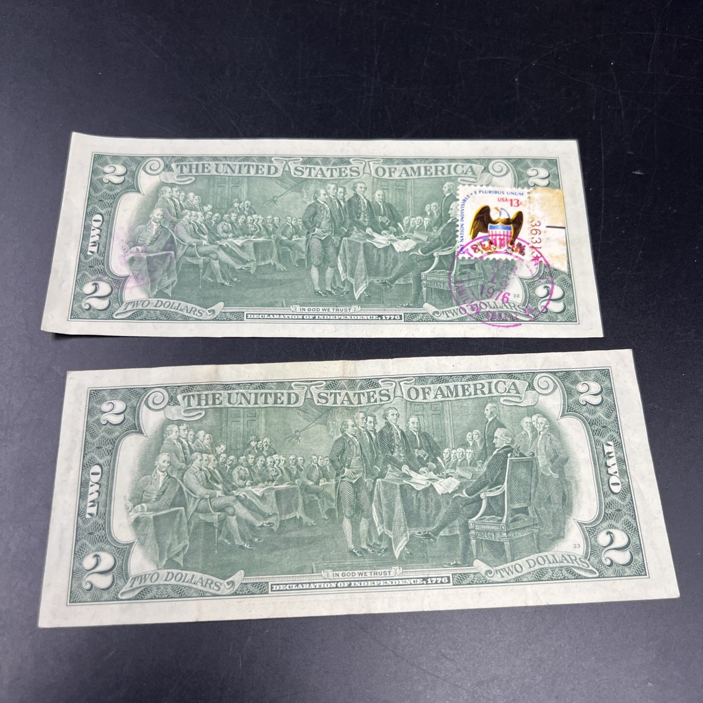 2 Note Lot Double Stamped Trenton NJ $2 CU & Circ 1976 Bicentennial $2 FRN