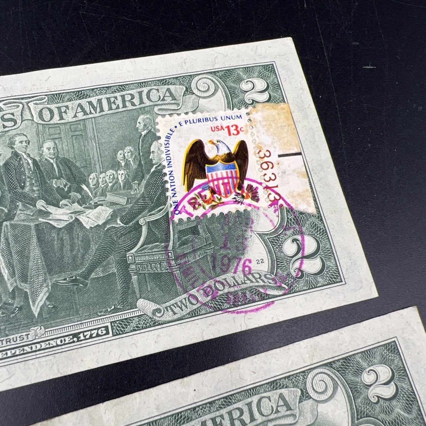 2 Note Lot Double Stamped Trenton NJ $2 CU & Circ 1976 Bicentennial $2 FRN