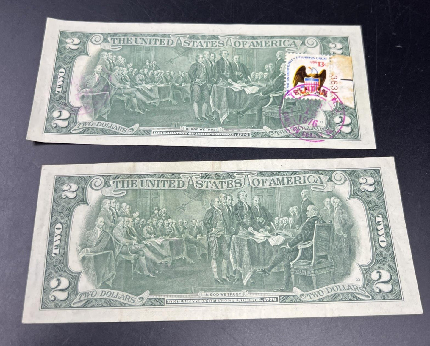 2 Note Lot Double Stamped Trenton NJ $2 CU & Circ 1976 Bicentennial $2 FRN