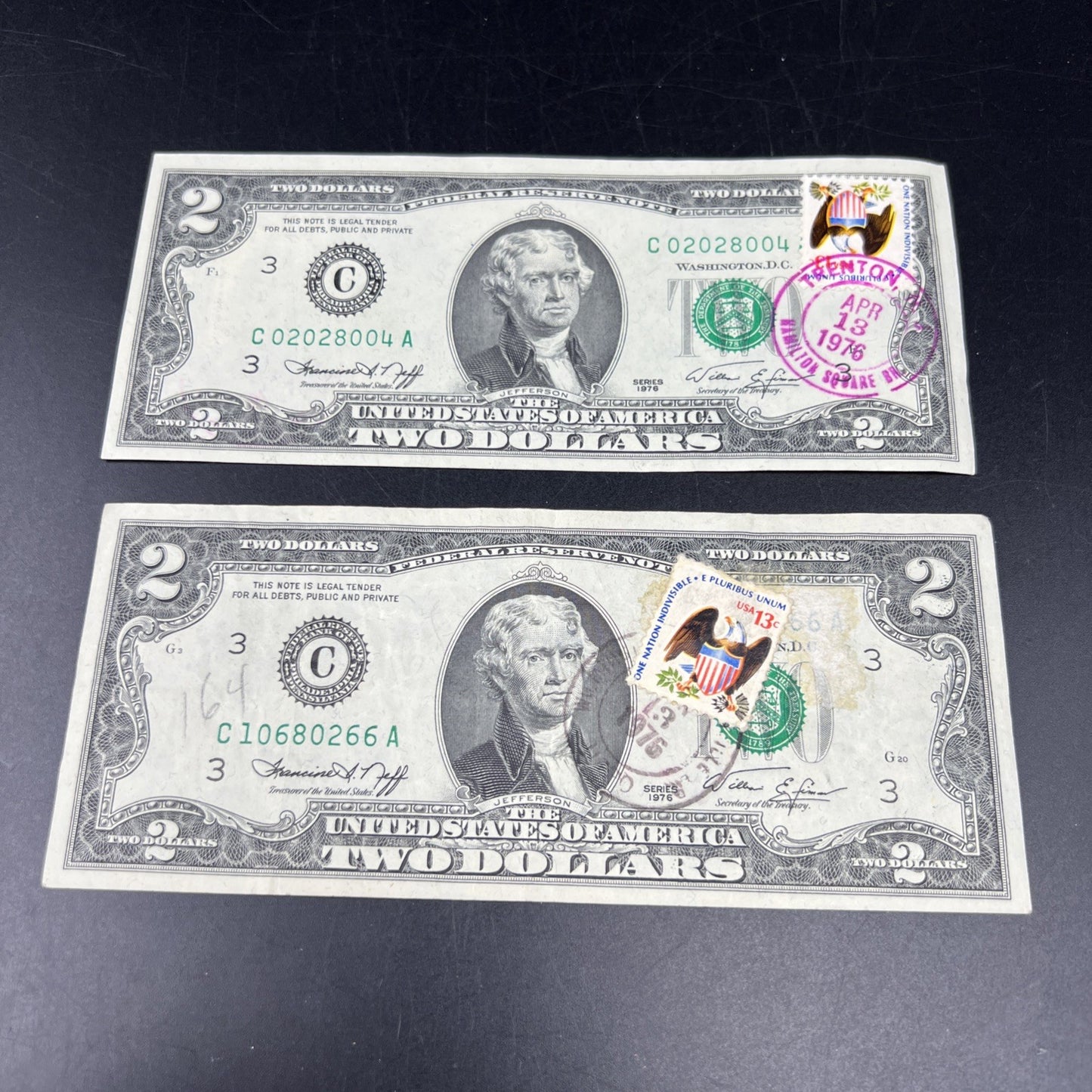 2 Note Lot Double Stamped Trenton NJ $2 CU & Circ 1976 Bicentennial $2 FRN