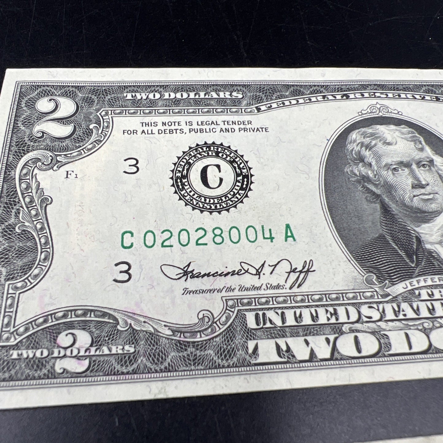 2 Note Lot Double Stamped Trenton NJ $2 CU & Circ 1976 Bicentennial $2 FRN