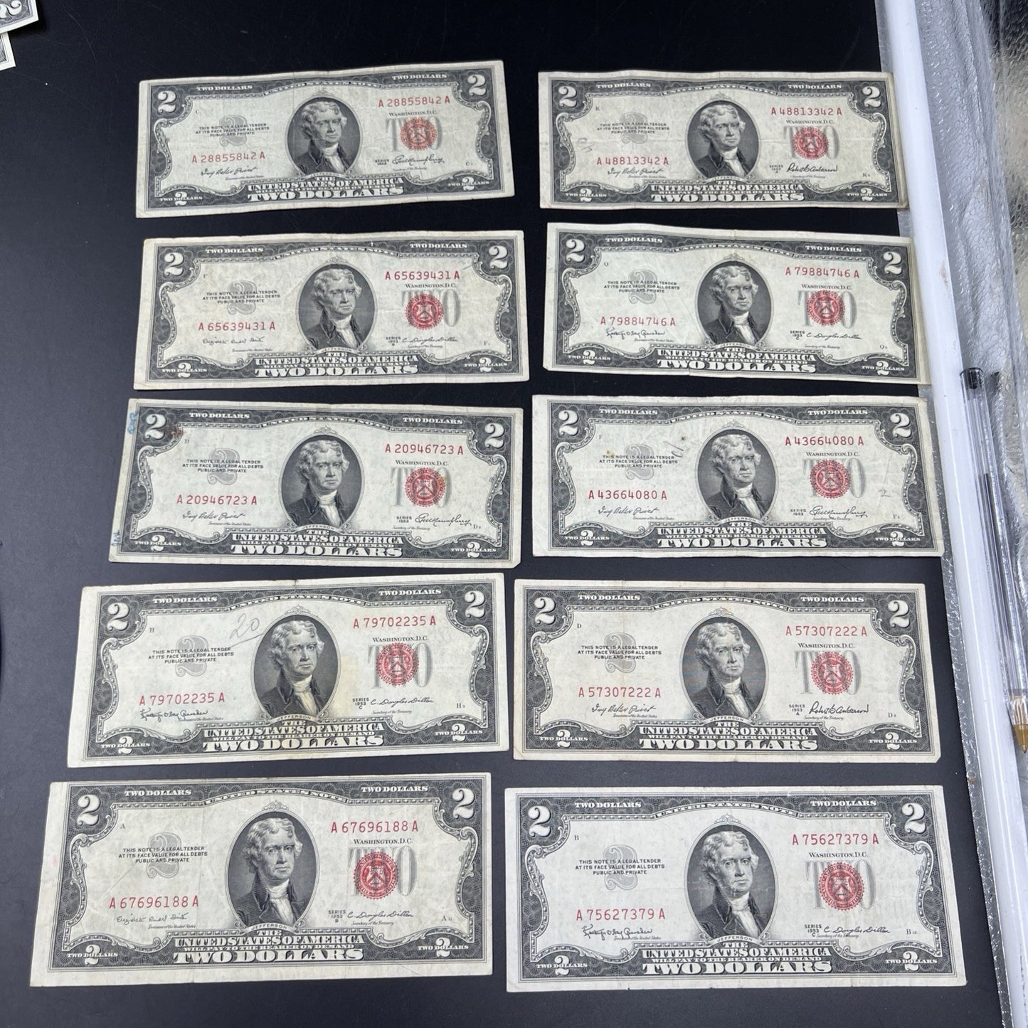 Lot of 10 1953 $2 USN Legal Tender Red Seal Notes VG circ #188