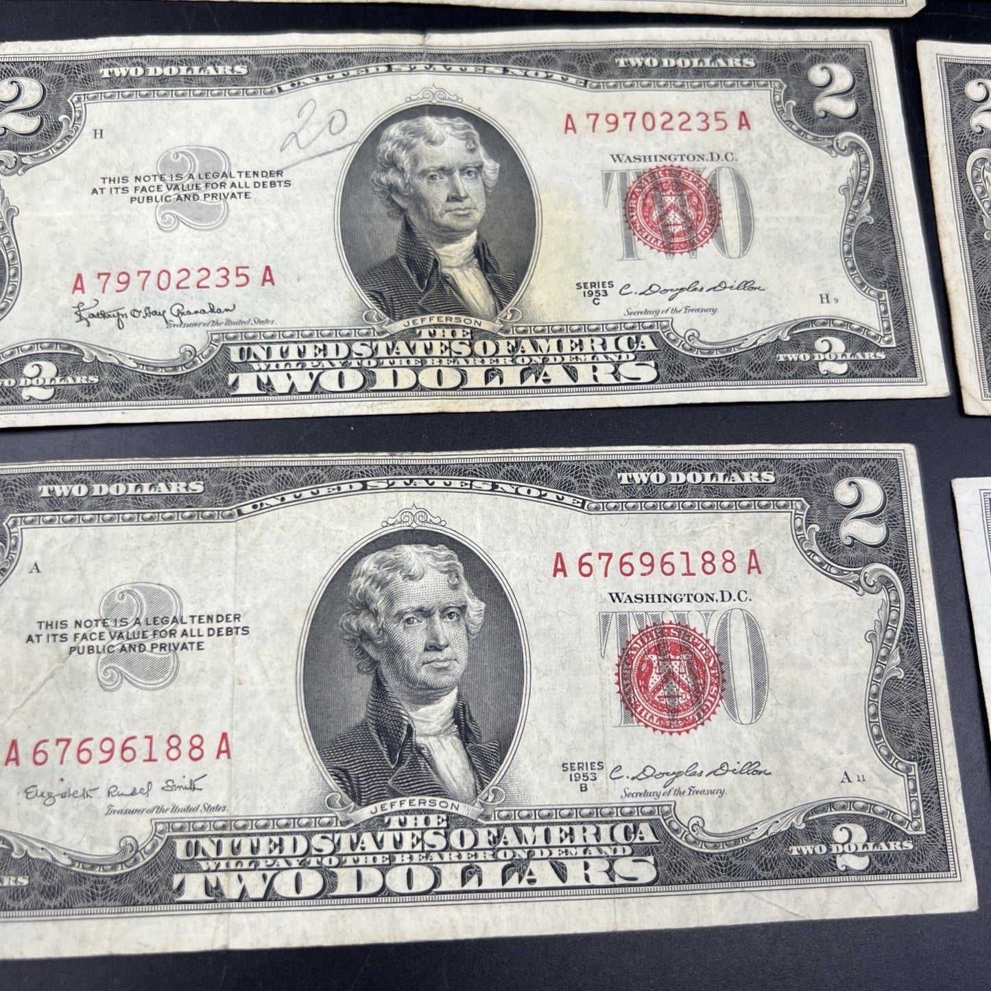 Lot of 10 1953 $2 USN Legal Tender Red Seal Notes VG circ #188