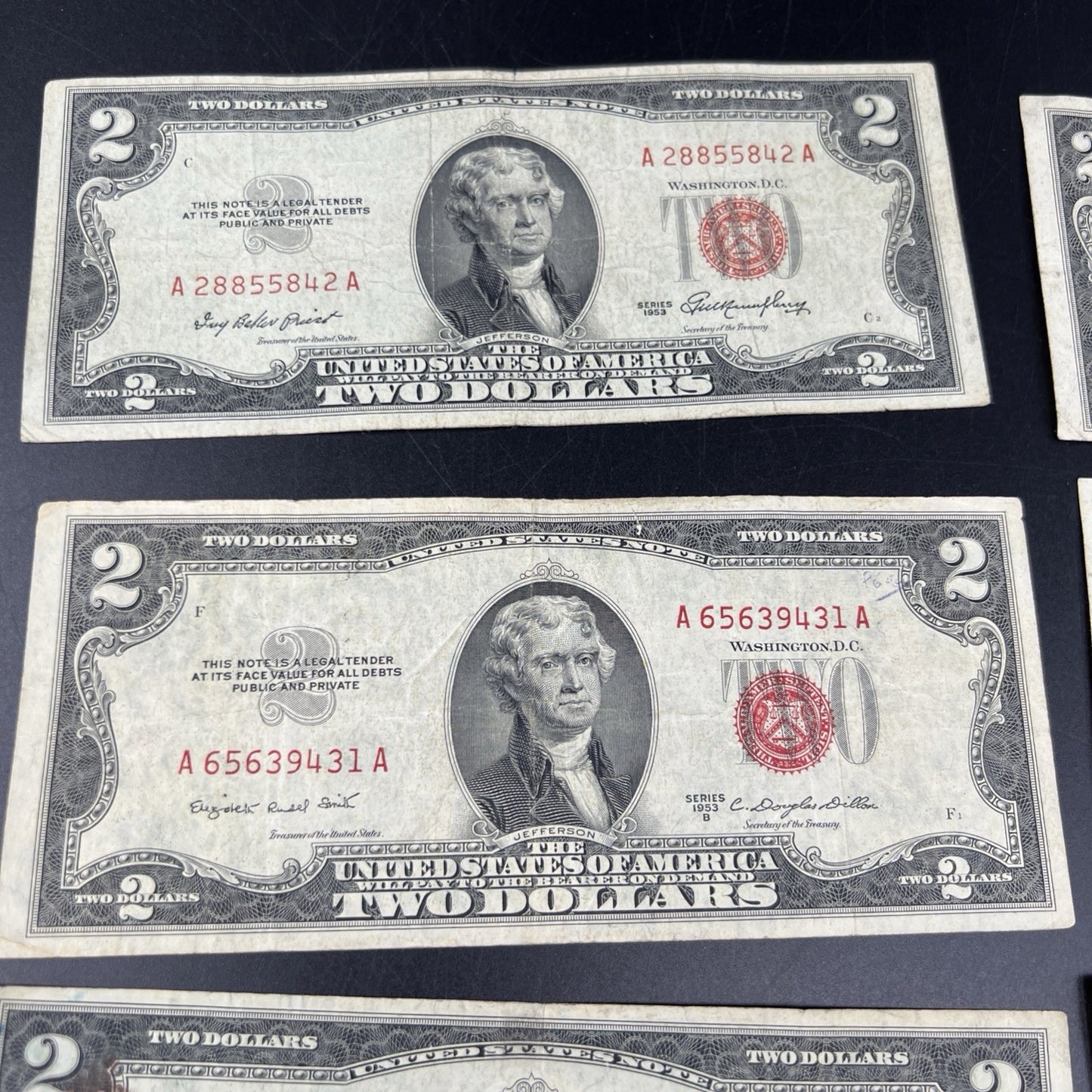 Lot of 10 1953 $2 USN Legal Tender Red Seal Notes VG circ #188