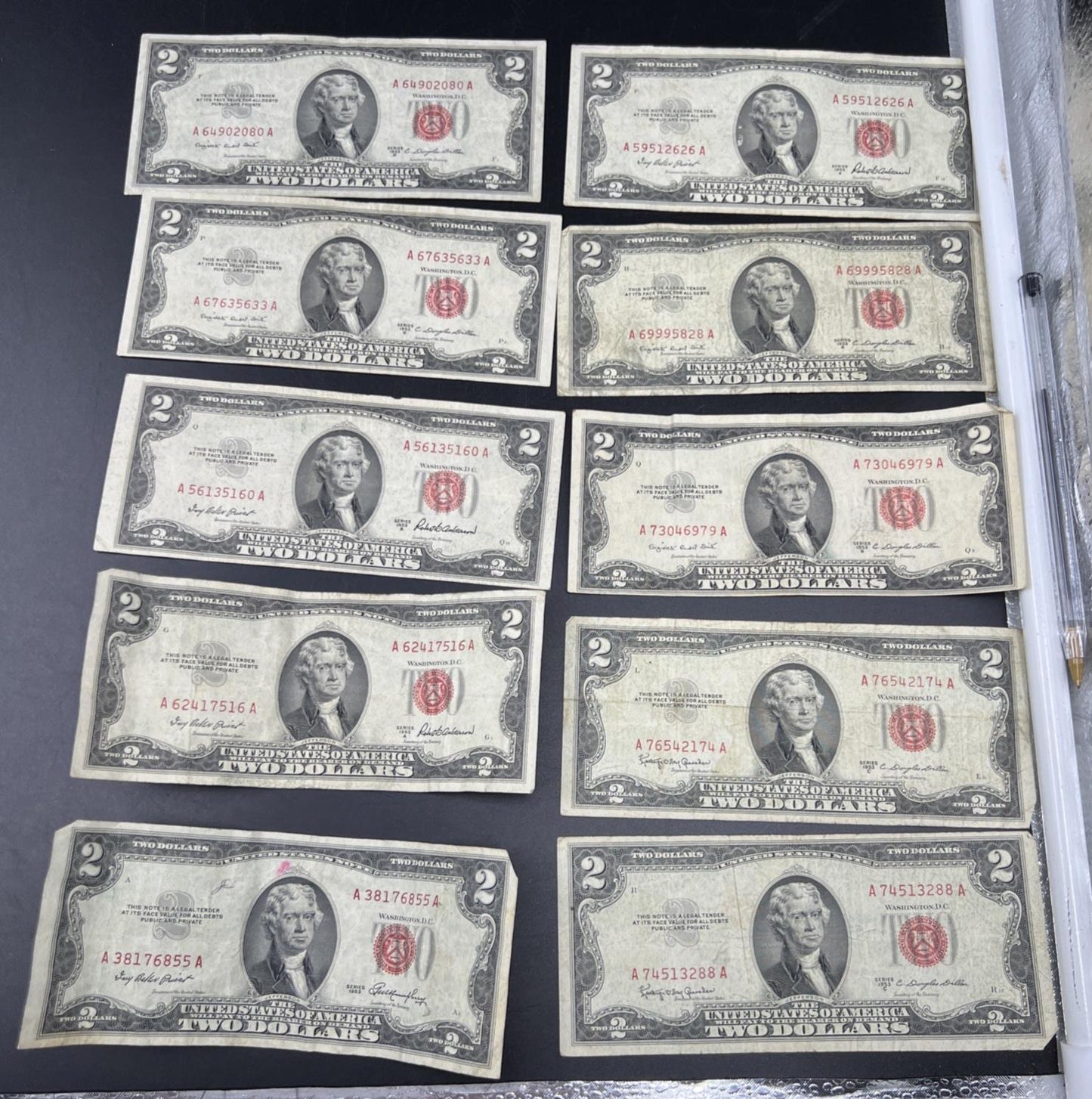 Lot of 10 1953 $2 USN Legal Tender Red Seal Notes VG Very Good Circ #855