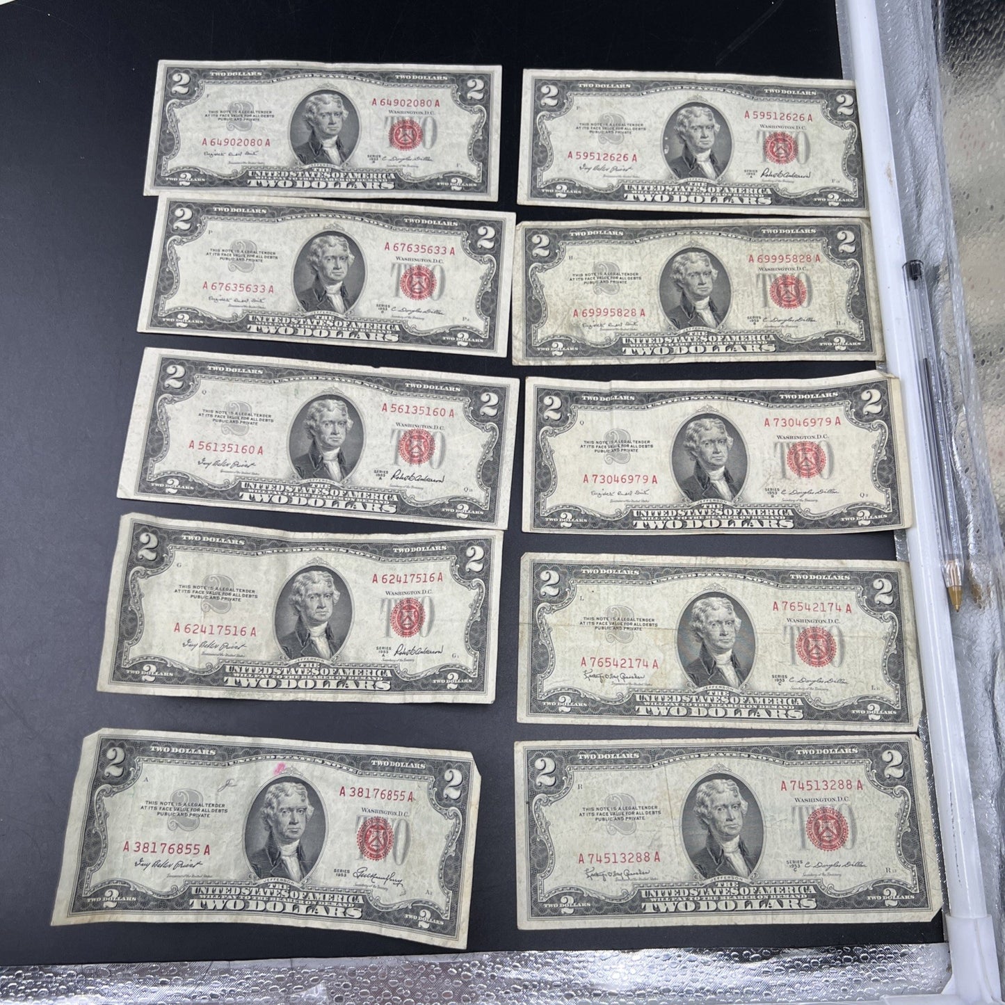 Lot of 10 1953 $2 USN Legal Tender Red Seal Notes VG Very Good Circ #855