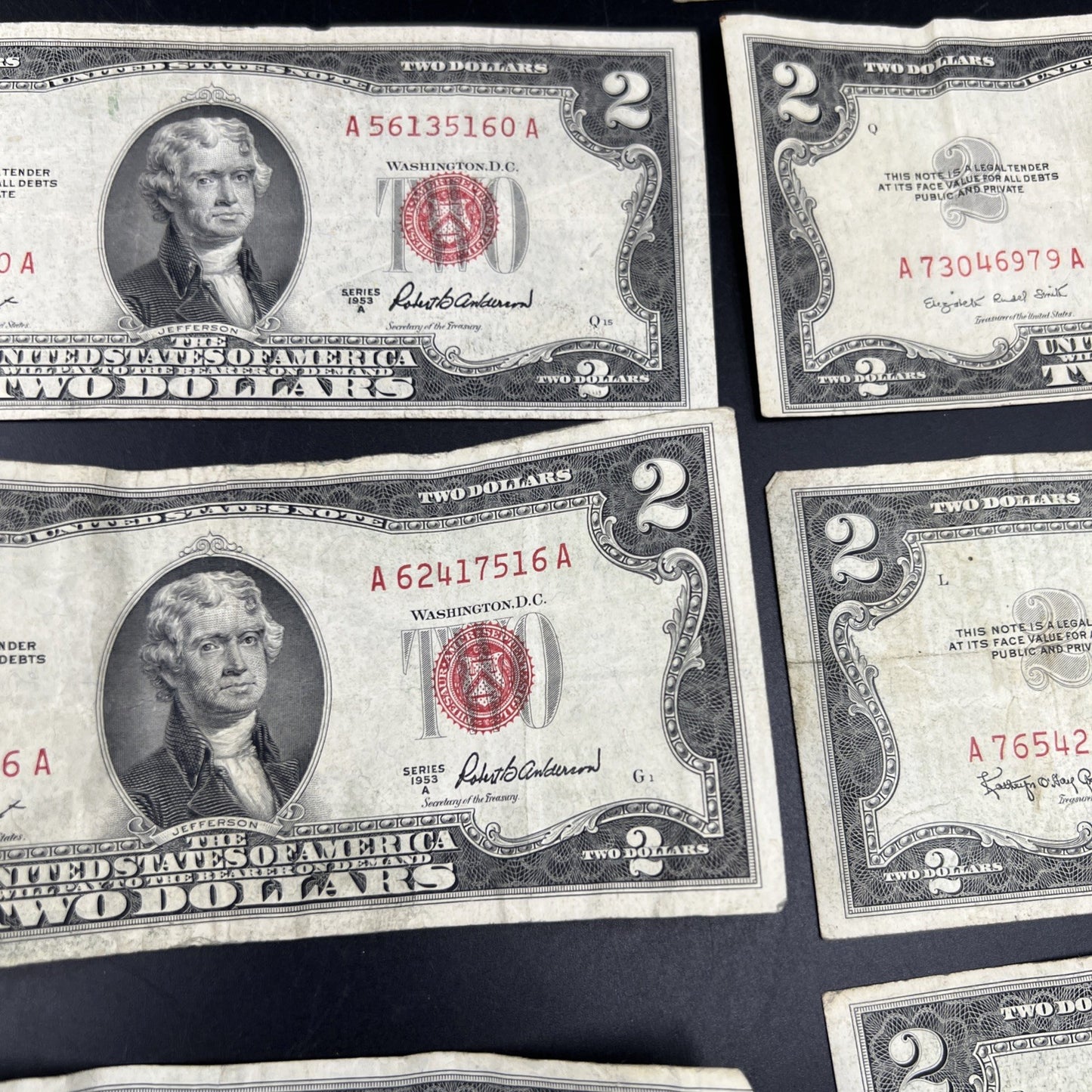 Lot of 10 1953 $2 USN Legal Tender Red Seal Notes VG Very Good Circ #855