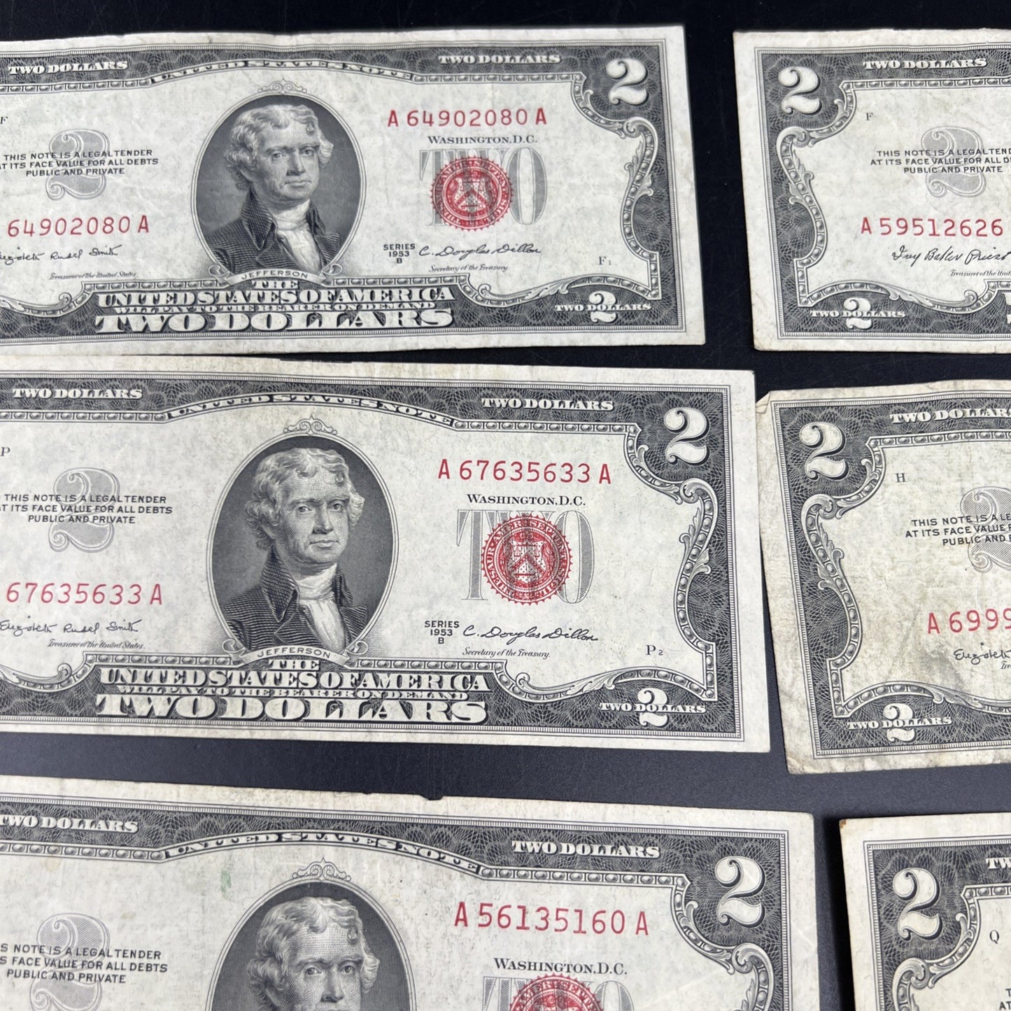 Lot of 10 1953 $2 USN Legal Tender Red Seal Notes VG Very Good Circ #855