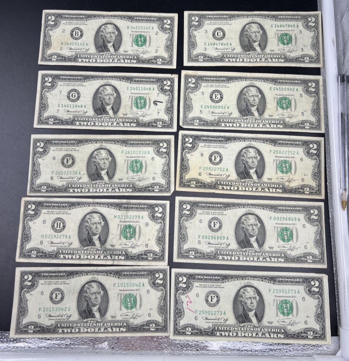 Lot of 10 1976 $2 FRN Federal Reserve Dollars Bicentennial Note Circulated #542
