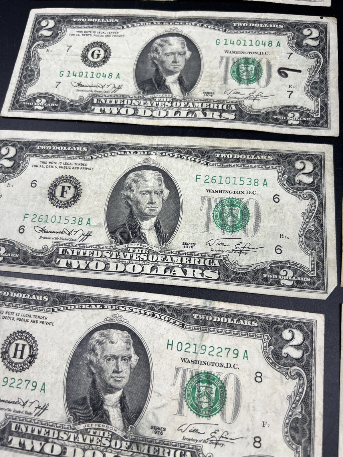 Lot of 10 1976 $2 FRN Federal Reserve Dollars Bicentennial Note Circulated #542