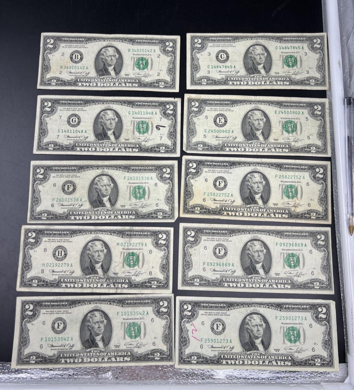 Lot of 10 1976 $2 FRN Federal Reserve Dollars Bicentennial Note Circulated #542