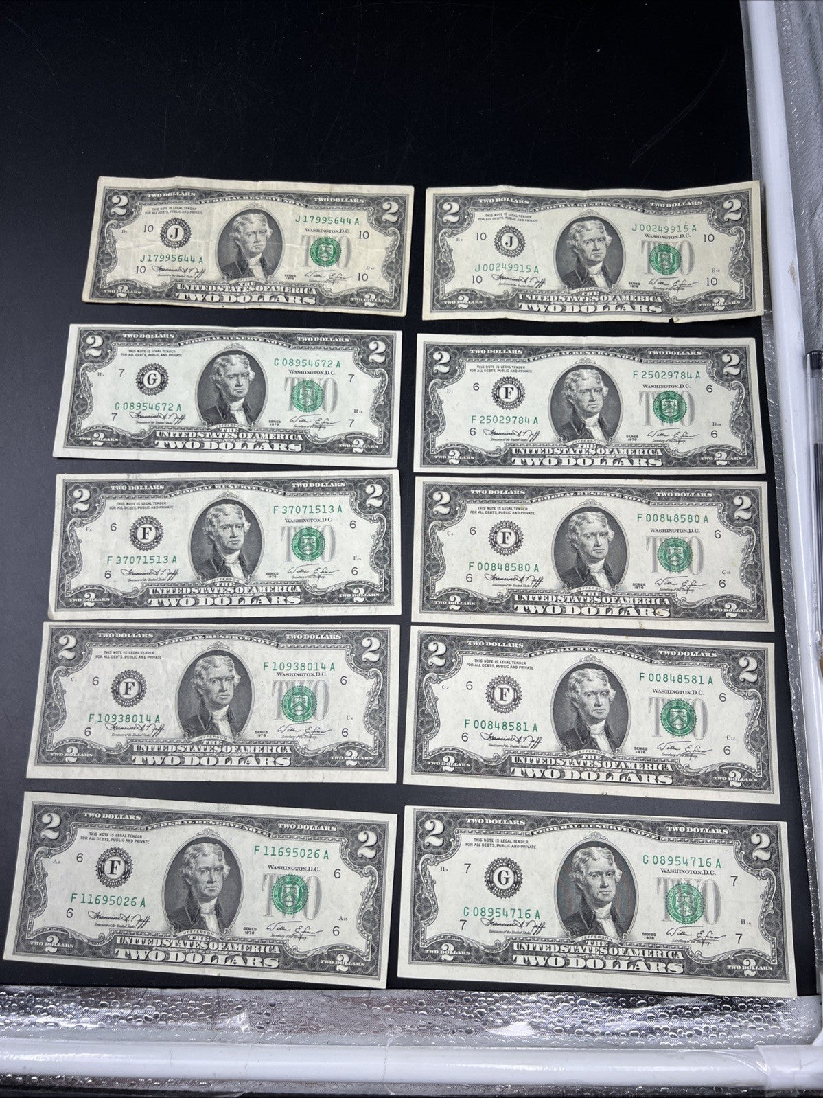 Lot of 10 1976 $2 FRN Federal Reserve Dollars Bicentennial Note Circulated #026