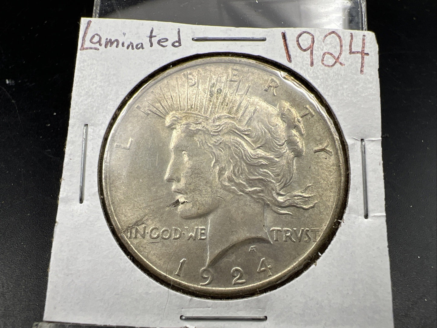 1924 $1 Peace Silver Dollar Coin Laminated Planchet Error AU About UNC