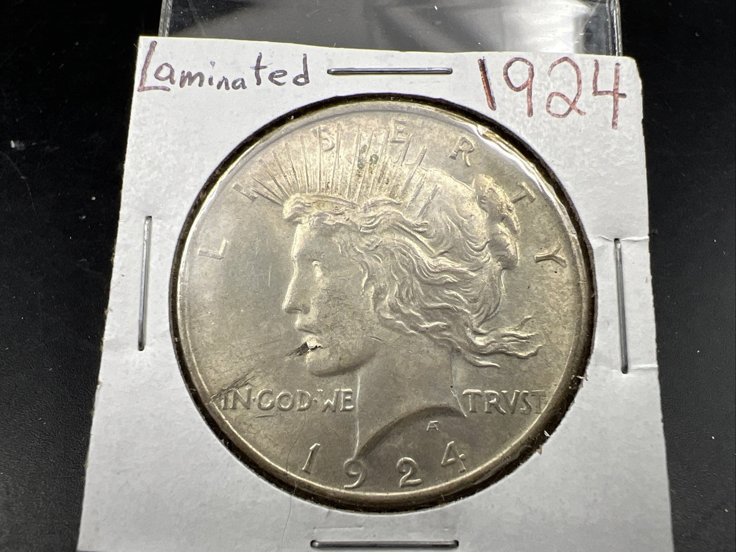 1924 $1 Peace Silver Dollar Coin Laminated Planchet Error AU About UNC